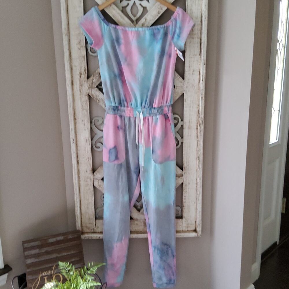 VCI Pastel Tie Dye Off Shoulder Crop Leg Drawstring Jumpsuit Small NWT